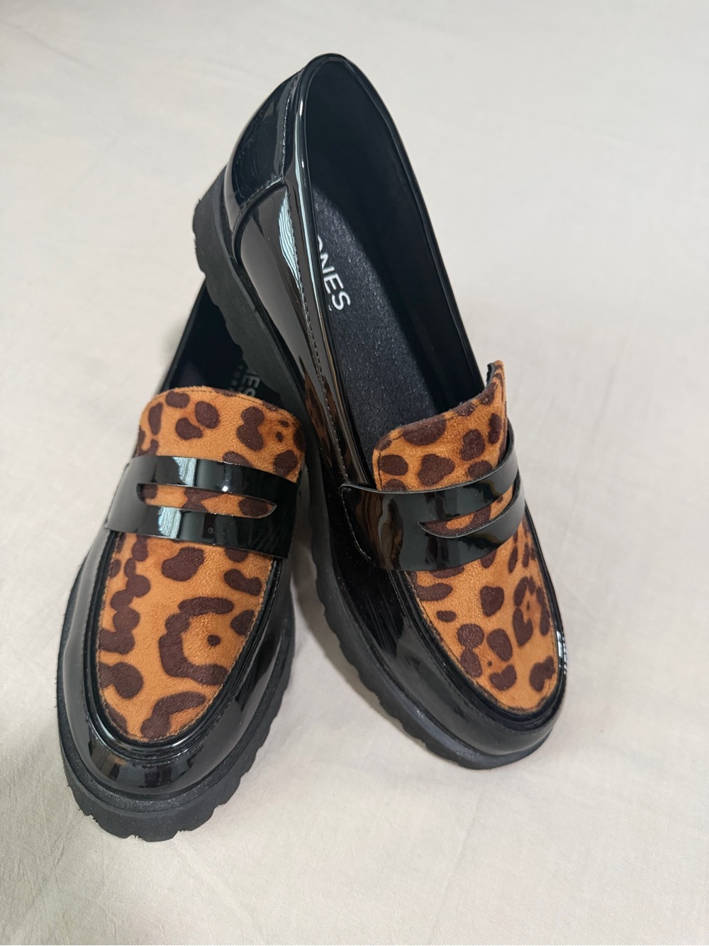 Jones New York Leopard Print Penny Loafers with Black Patent Trim, Size 9